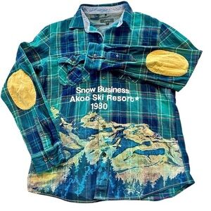 AKOO Snow Business Ski Resort Flannel Shirt Mens Medium - Elbow Patches - Blue